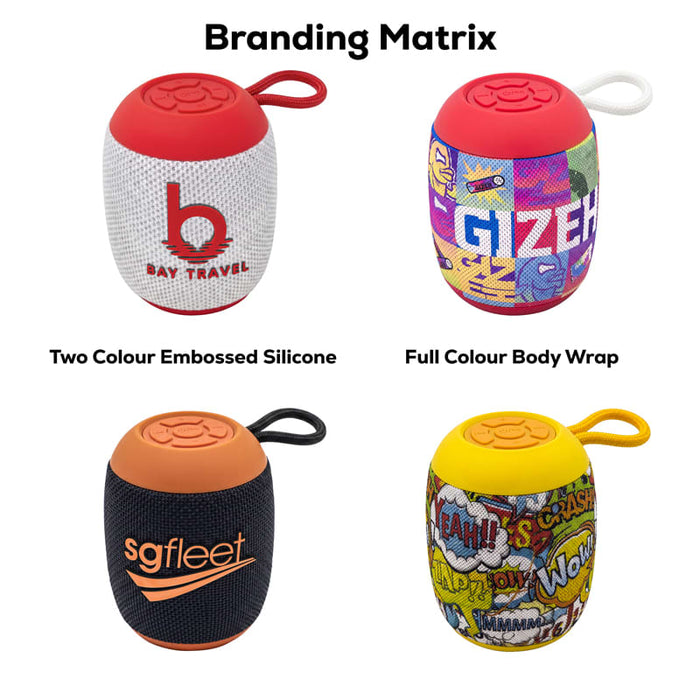 Morgan Bluetooth Speaker - A collection of four Bluetooth speakers in various designs and colours, featuring silicone and fabric wraps. Each has a logo.