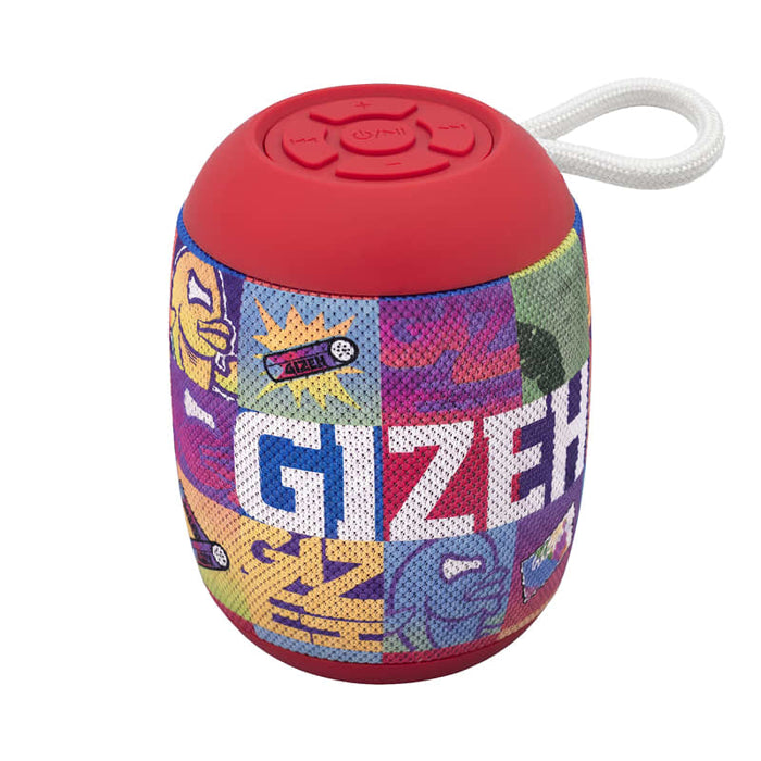 Morgan Bluetooth Speaker - A red Bluetooth speaker with a multicoloured fabric design and a handle at the top. It features a logo on the side.