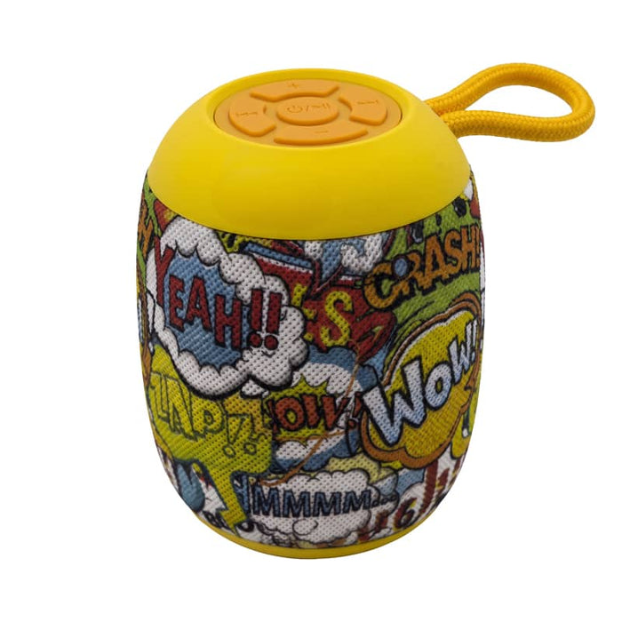 Morgan Bluetooth Speaker - A yellow Bluetooth speaker featuring a colourful comic-themed design with text elements like "Wow" and "Crash".