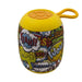 Morgan Bluetooth Speaker - A yellow Bluetooth speaker featuring a colourful comic-themed design with text elements like "Wow" and "Crash".
