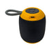 Morgan Bluetooth Speaker - A Bluetooth speaker in black and yellow, featuring a textured surface and a convenient strap for portability.