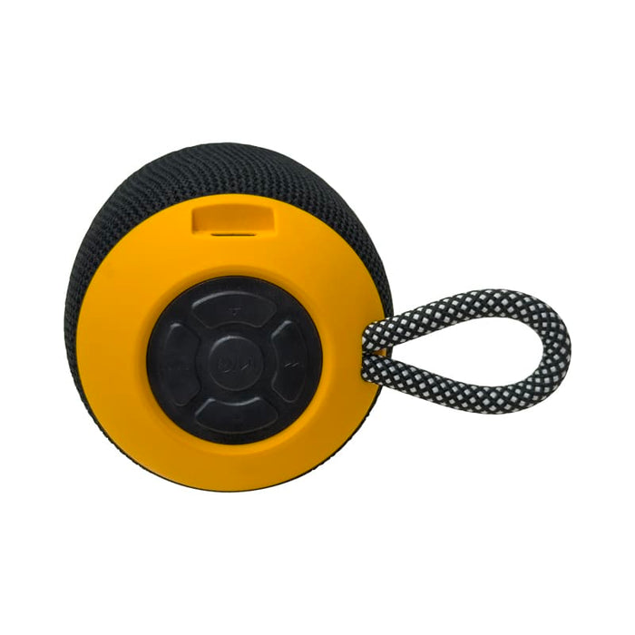 Morgan Bluetooth Speaker - A round Bluetooth speaker in black and yellow, featuring a textured surface and a carry strap.