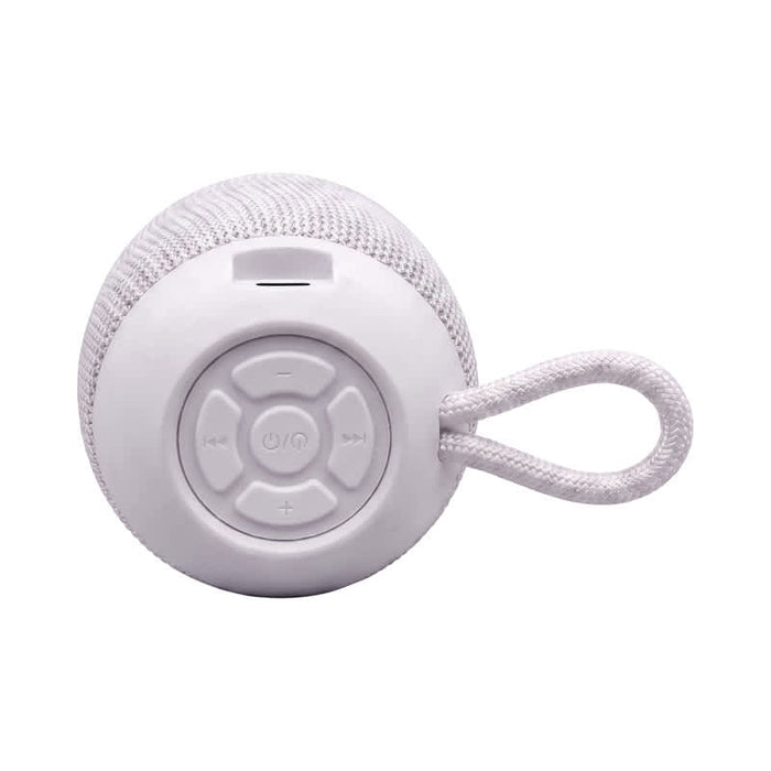 Morgan Bluetooth Speaker - A compact white Bluetooth speaker with a textured surface and control buttons on the front, featuring a loop for easy carrying.