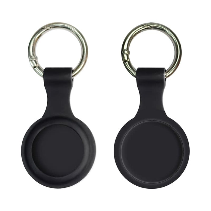 Aspen Silicone Airtag Case - A silicone Airtag case in black with a keyring attached, featuring a smooth, round design.