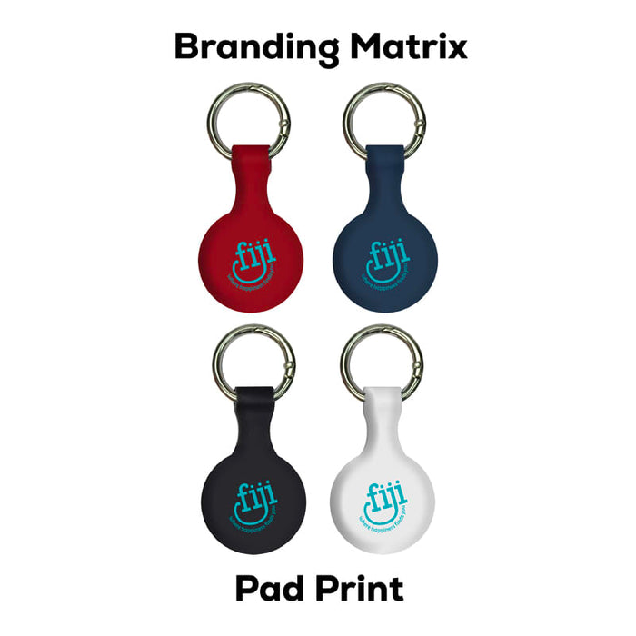 Aspen Silicone Airtag Case - A set of four Aspen Silicone Airtag Cases in red, navy, black, and white, featuring keyring attachments.