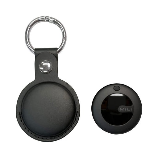 MiTag Duo Global Tracking Tag with PU Case (stock) - A black tracking tag with a PU case and a metal keyring attached, featuring a logo.