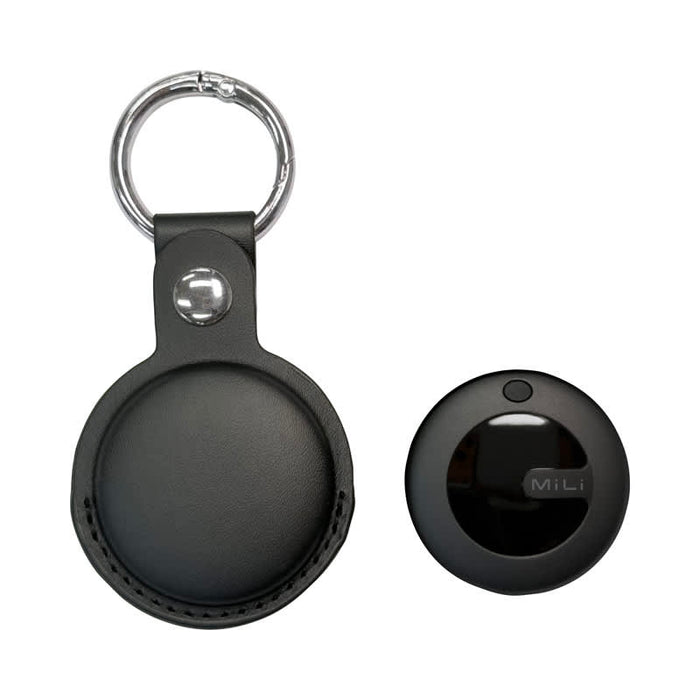 MiTag Duo Global Tracking Tag with PU Case (stock) - A black tracking tag with a PU case and a metal keyring attached, featuring a logo.