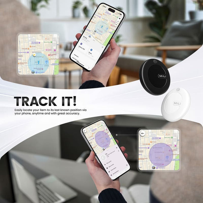 MiTag Duo Global Tracking Tag with PU Case (stock) - A black and white tracking tag is displayed alongside a smartphone showing a map with location markers.