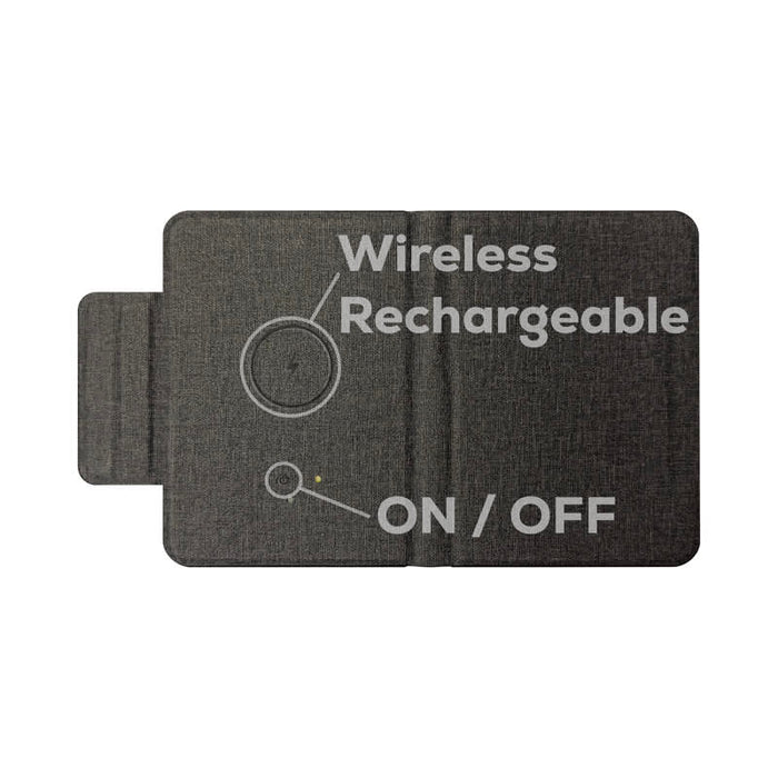 MiTag Duo Passport Holder with Global Tracking Tag - A grey passport holder with a textured finish featuring a wireless charging indicator and an on/off switch.
