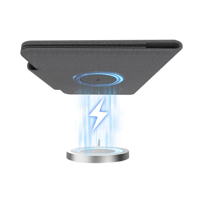 MiTag Duo Passport Holder with Global Tracking Tag - A grey passport holder features a wireless charging base with a blue light and a logo emblem.