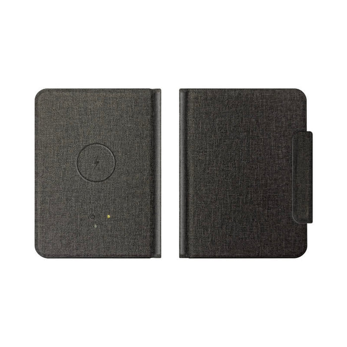 MiTag Duo Passport Holder with Global Tracking Tag - A black passport holder with a textured finish and a built-in tracking tag. It features a logo on the front.