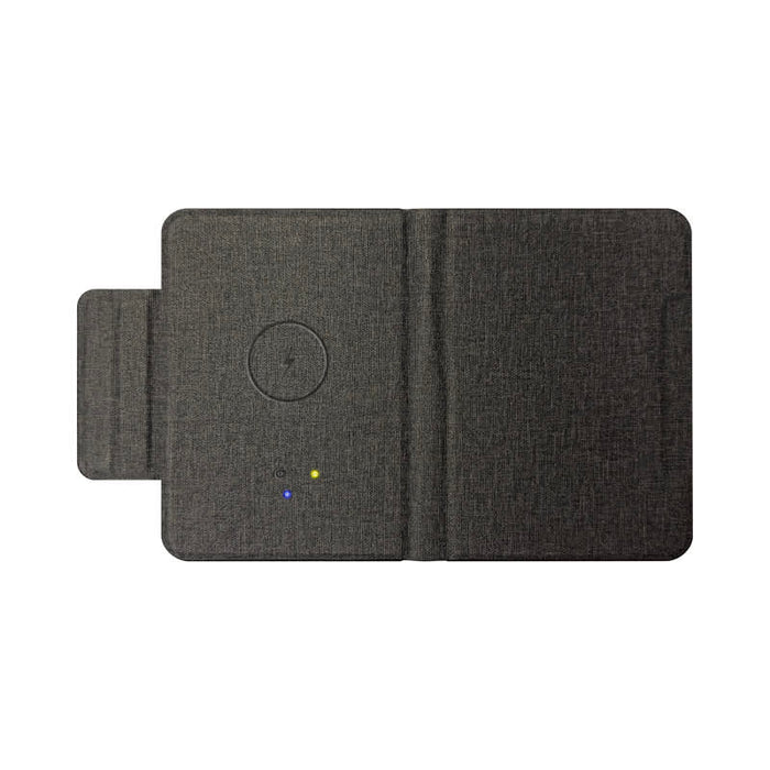 MiTag Duo Passport Holder with Global Tracking Tag - A grey passport holder with a textured finish, featuring a global tracking tag and indicator lights.