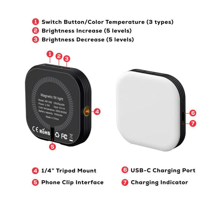 Essex Magnetic LED Selfie Light - A magnetic LED selfie light in black and white, featuring adjustable brightness and multiple connection options.
