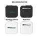 Avola Retractable Fast Charge Cable and Stand - A retractable fast charge cable and stand in black and white, featuring a branding logo on each.