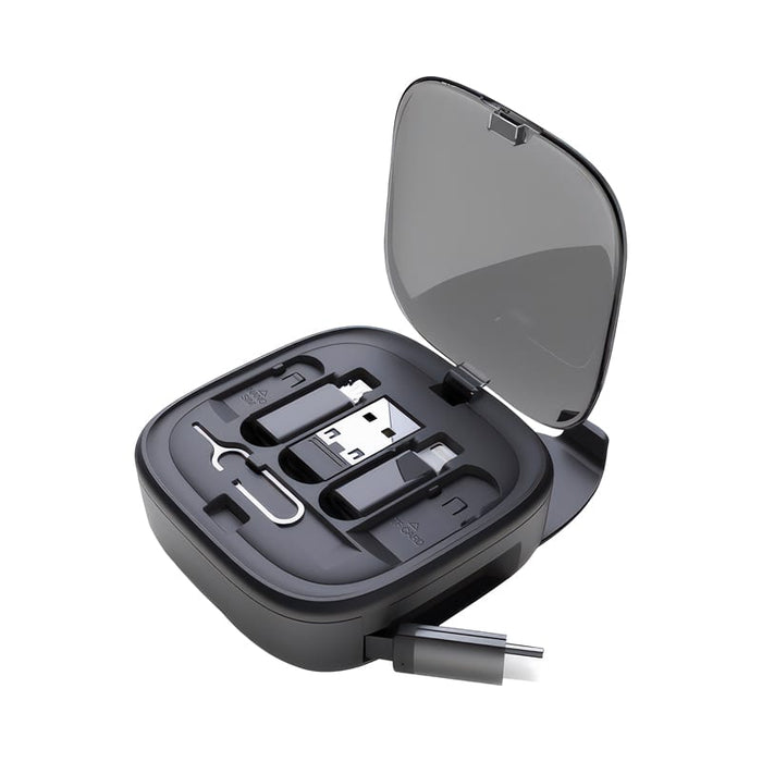 Catania Retractable 60W Fast Charging and Data Cable Set - A compact, black retractable charging and data cable set housed in a protective case with a transparent lid.