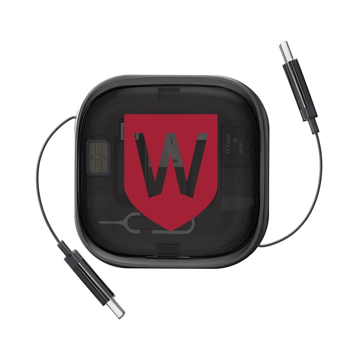 Catania Retractable 60W Fast Charging and Data Cable Set - A retractable black cable set with data and fast charging capabilities, contained in a compact case with a logo.