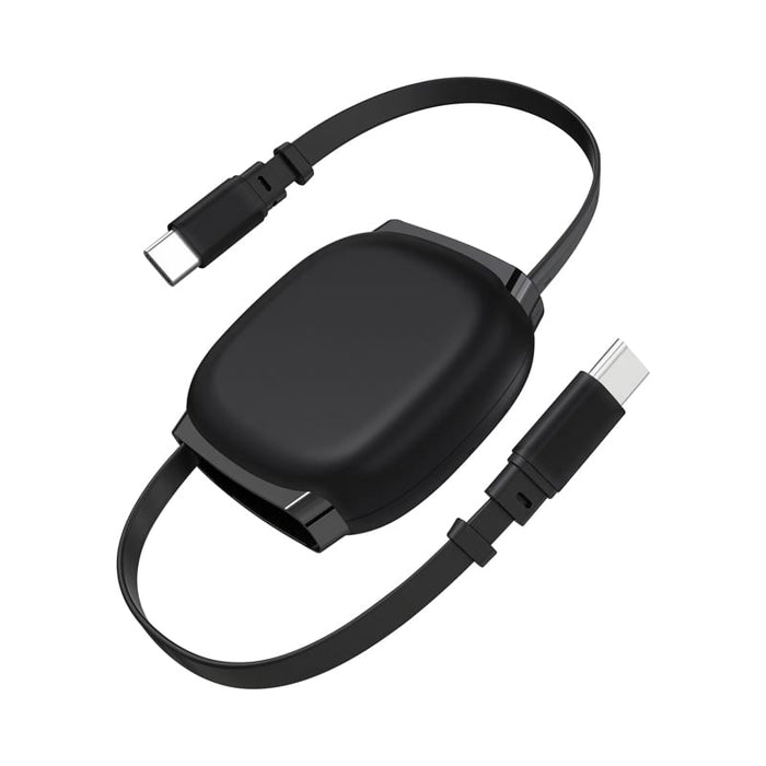 Paulo 100W Retractable Charging Data Cable - A black retractable charging data cable with USB-C connectors, featuring a compact design and a branding logo.