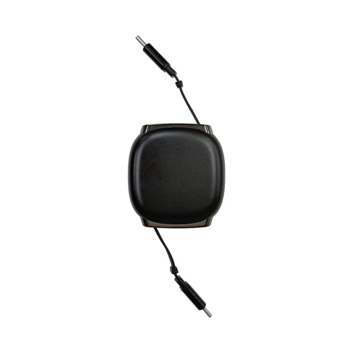 Paulo 100W Retractable Charging Data Cable - A retractable charging data cable in black, featuring two connectors and a compact, square design with a logo.