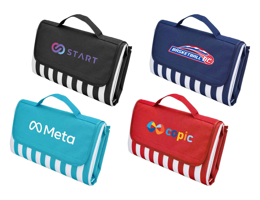 Ascot Picnic Rug, Red - Extra Large - Four picnic rugs are displayed, featuring various logos and colour combinations, primarily in navy, red, and black.