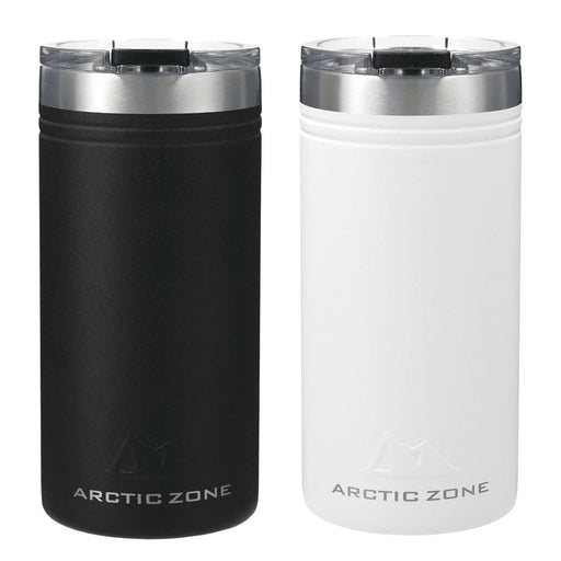 Arctic Zone Titan Thermal HP Slim Cooler 350ml - A drink bottle set featuring a black and a white Arctic Zone Titan Thermal HP Slim Cooler with a silver lid.