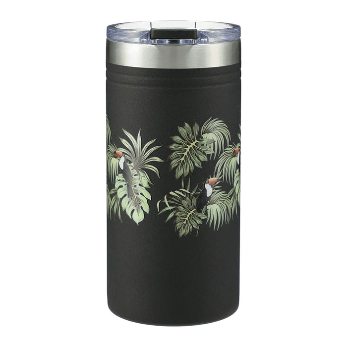 Arctic Zone Titan Thermal HP Slim Cooler 350ml - A drink bottle in matte black featuring tropical leaves design, with a silver lid and a branding logo.