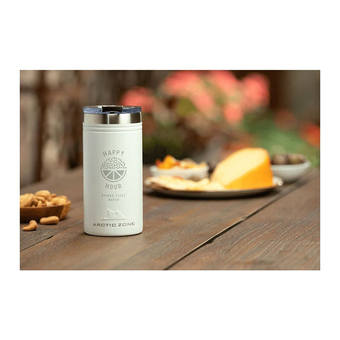 Arctic Zone Titan Thermal HP Slim Cooler 350ml - A drink bottle in white with a silver lid, sitting on a wooden table beside snacks and treats.