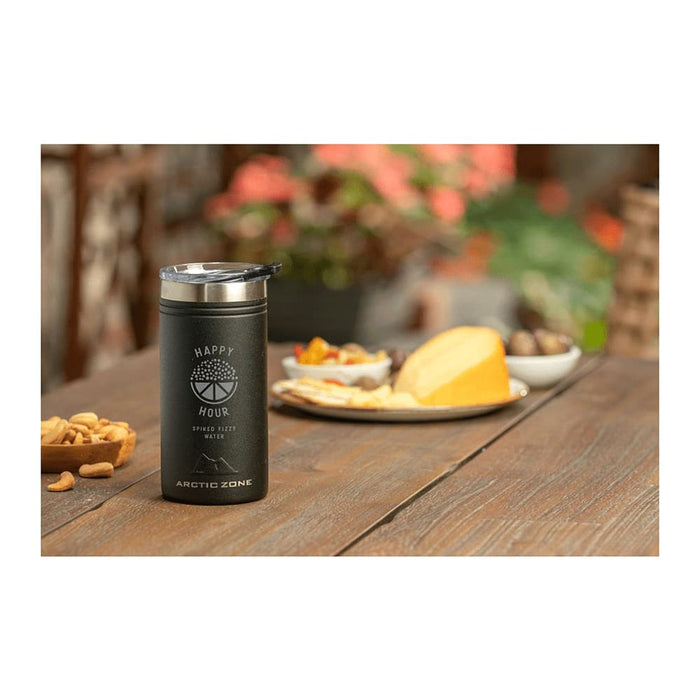 Arctic Zone Titan Thermal HP Slim Cooler 350ml - A drink bottle in black with a stainless steel top, placed on a table next to a platter of snacks.