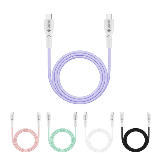 100W Fast Charging Cable - A 100W fast charging cable in purple, alongside pink, white, mint, and black variants. Each cable features USB connectors and a logo.