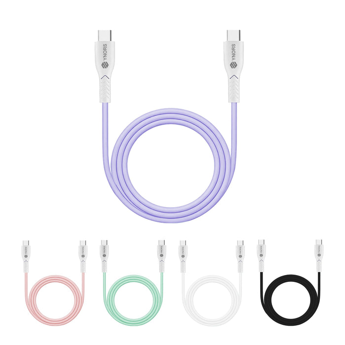 100W Fast Charging Cable - A 100W fast charging cable in purple, alongside pink, white, mint, and black variants. Each cable features USB connectors and a logo.