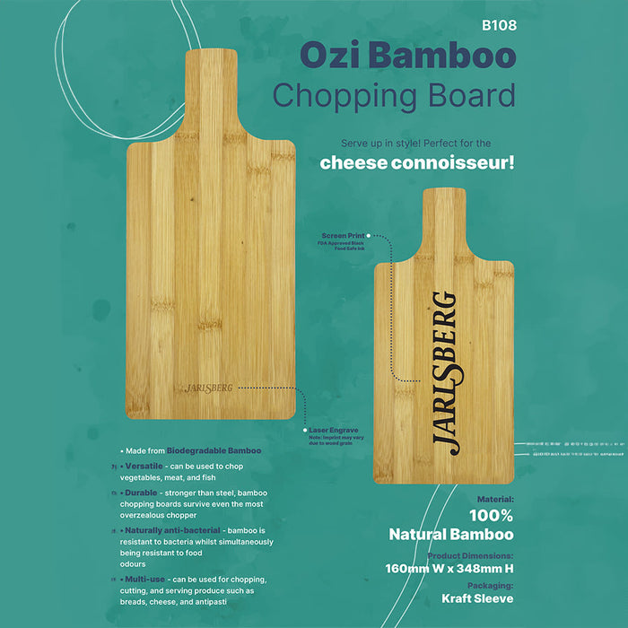 Ozi Bamboo Paddle Board - A bamboo chopping board with a natural finish, featuring a logo and an ergonomic handle design.