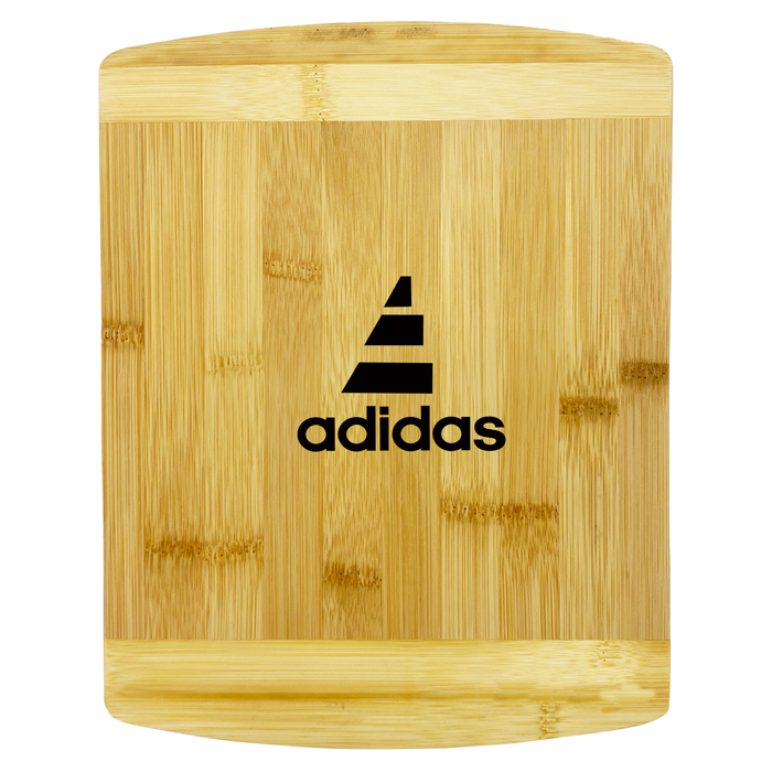 Tiga Bamboo Cutting Board - A bamboo cutting board featuring a sleek design with a logo. The board has a natural finish with a smooth surface.