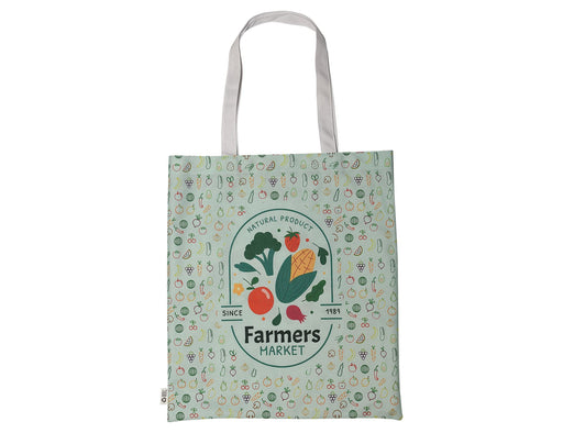 Spectra rPET Tote Bag 38cm x 43cm - A green tote bag featuring a farm-themed design and a logo, with white straps and illustrations of fruits and vegetables.