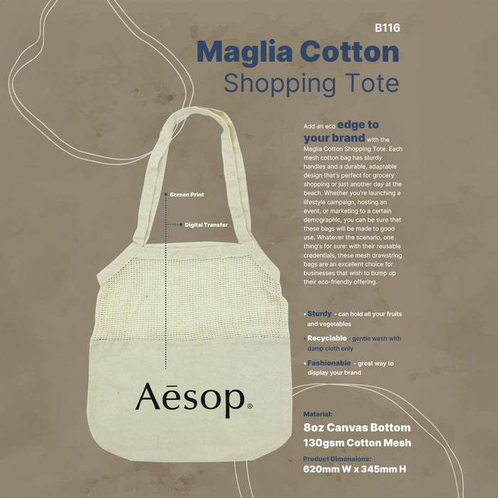 Maglia Cotton Shopping Tote - A cotton shopping tote in cream with mesh panels and a logo, featuring sturdy handles and a spacious interior.