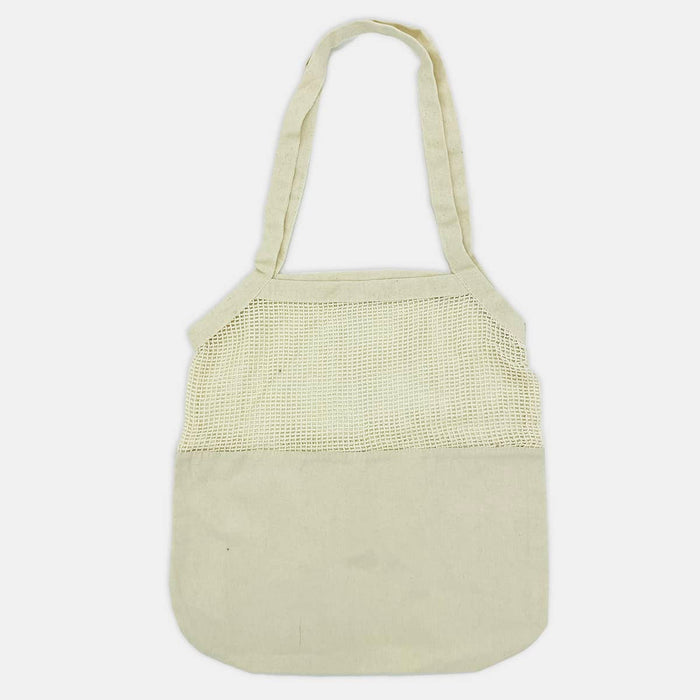 Maglia Cotton Shopping Tote - A light-coloured cotton shopping tote with a mesh top and sturdy handles, featuring a logo.