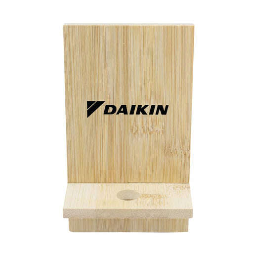 Groove Bamboo Phone Stand - A bamboo phone stand with a simple design, featuring a slot for the device and an engraved logo.