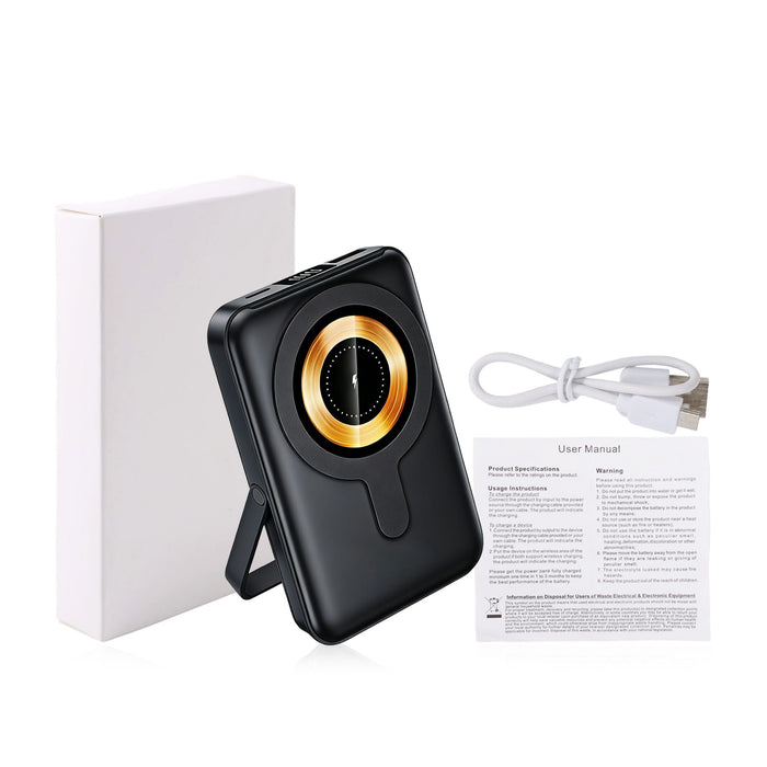 10000mAh Magnetic Wireless  Power Bank with Phone Stand - A black 10000mAh magnetic wireless power bank with a gold circle design and a built-in phone stand, accompanied by a charging cable and user manual.