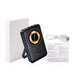 10000mAh Magnetic Wireless  Power Bank with Phone Stand - A black 10000mAh magnetic wireless power bank with a gold circle design and a built-in phone stand, accompanied by a charging cable and user manual.