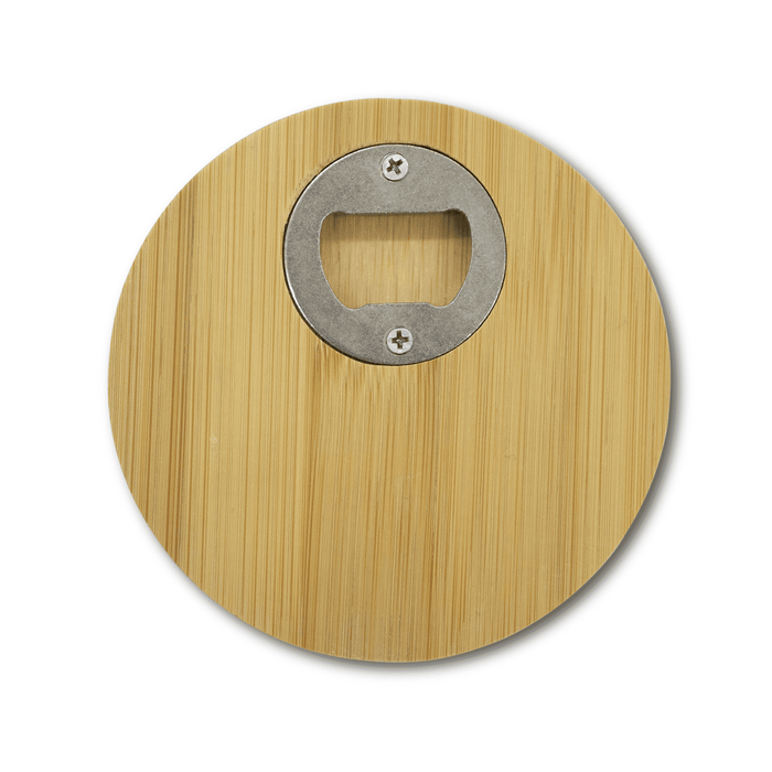 Round Bamboo Coaster - A round bamboo coaster featuring a metal bottle opener in the centre. The natural bamboo colour is prominent.