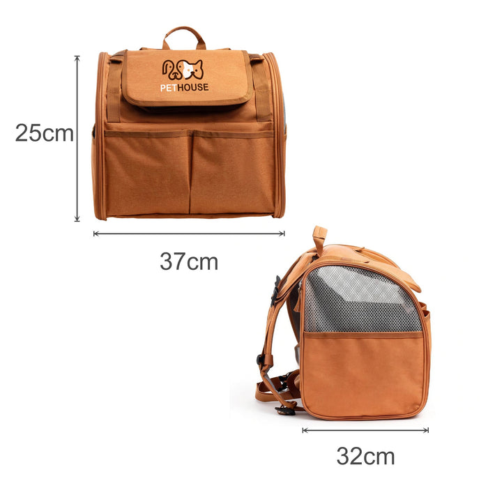 Pet Backpack Carrier with Expandable Design - An expandable pet backpack carrier in brown, featuring a removable top flap and mesh side panels.