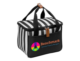 Ascot Picnic Cooler, Black - A black and white striped cooler bag with a branded logo and a leather accent on the handle.