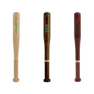 Commercial Baseball Bat Shape Pen - A baseball bat-shaped pen in wood tones, featuring different logos and finishes, including natural and dark hues.
