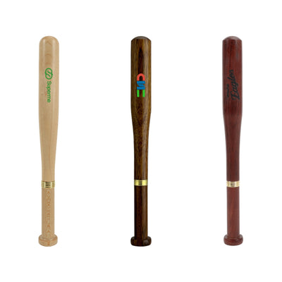 Commercial Baseball Bat Shape Pen - A baseball bat-shaped pen in wood tones, featuring different logos and finishes, including natural and dark hues.