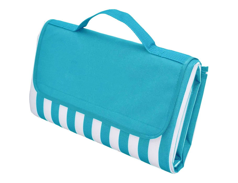 Ascot Picnic Rug, Aqua Blue -Extra Large - A picnic rug in aqua blue with a striped pattern, featuring a foldable design and a carrying handle.
