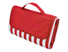 Ascot Picnic Rug, Red - Extra Large - A red and white striped picnic rug, folded, featuring a handle for easy carrying and a logo.
