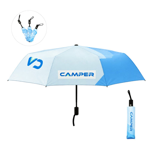 21'' Anti-rebound Folding Umbrella - A blue and light blue anti-rebound folding umbrella with a matching storage sleeve and a logo.