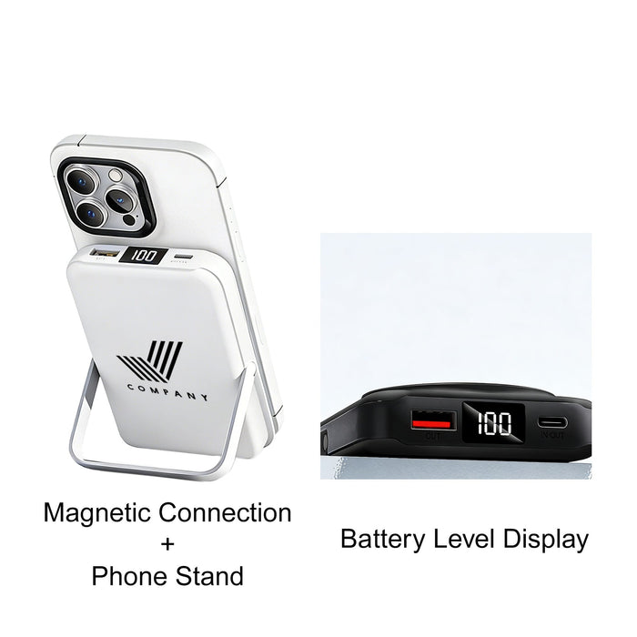10000mAh Magnetic Wireless  Power Bank with Phone Stand - A white 10000mAh magnetic wireless power bank with a phone stand and battery level display. It features a logo.