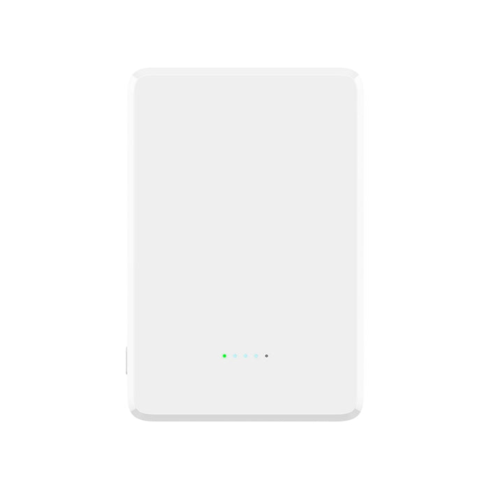 5000mAh Magnetic Wireless  Power Bank - A white 5000mAh magnetic wireless power bank with indicator lights and a logo.