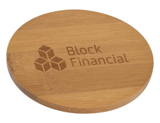 Brunswick Bamboo Coaster - Individual - A round bamboo coaster with a light brown finish, featuring a logo engraved on its surface.