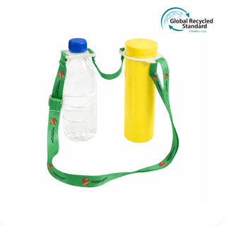 RPET 2 in 1 Water Bottle Lanyard - A drink bottle lanyard in green featuring a blue water bottle and a yellow container. The lanyard has a logo.
