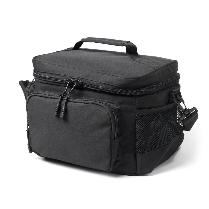 Super Duty 12 - Lunch Cooler - A black lunch cooler with a main compartment, zippered pockets, and side mesh storage. It features a sturdy handle.
